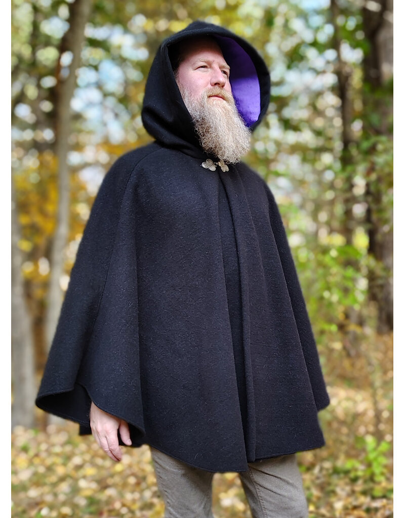 Cloakmakers.com 6189-Washable Black Wool Cloak w/ Violet Velvet Hood Lining & Blue & Green Triquetra Dragon Embroidery