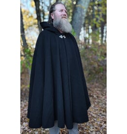 Cloakmakers.com 6190-Washable Short Black Wool Cloak w/ Black Velvet Hood Lining & Triple Medallion Clasp