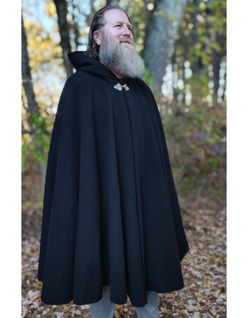 Cloakmakers.com 6190-Washable Short Black Wool Cloak w/ Black Velvet Hood Lining & Triple Medallion Clasp
