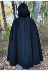 Cloakmakers.com 6190-Washable Short Black Wool Cloak w/ Black Velvet Hood Lining & Triple Medallion Clasp