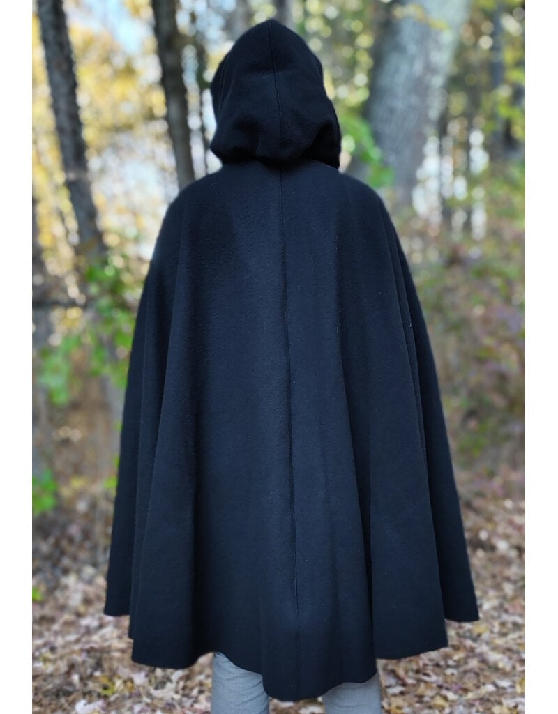 Cloakmakers.com 6190-Washable Short Black Wool Cloak w/ Black Velvet Hood Lining & Triple Medallion Clasp