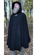Cloakmakers.com 6190-Washable Short Black Wool Cloak w/ Black Velvet Hood Lining & Triple Medallion Clasp