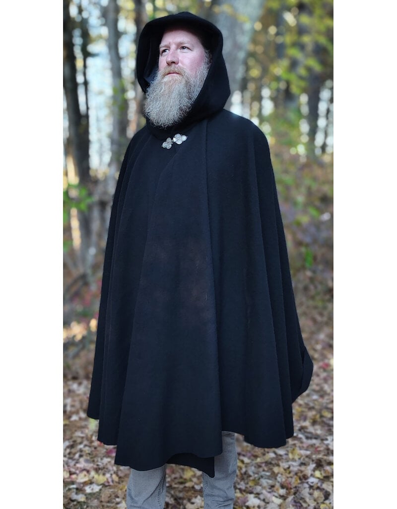 Cloakmakers.com 6190-Washable Short Black Wool Cloak w/ Black Velvet Hood Lining & Triple Medallion Clasp