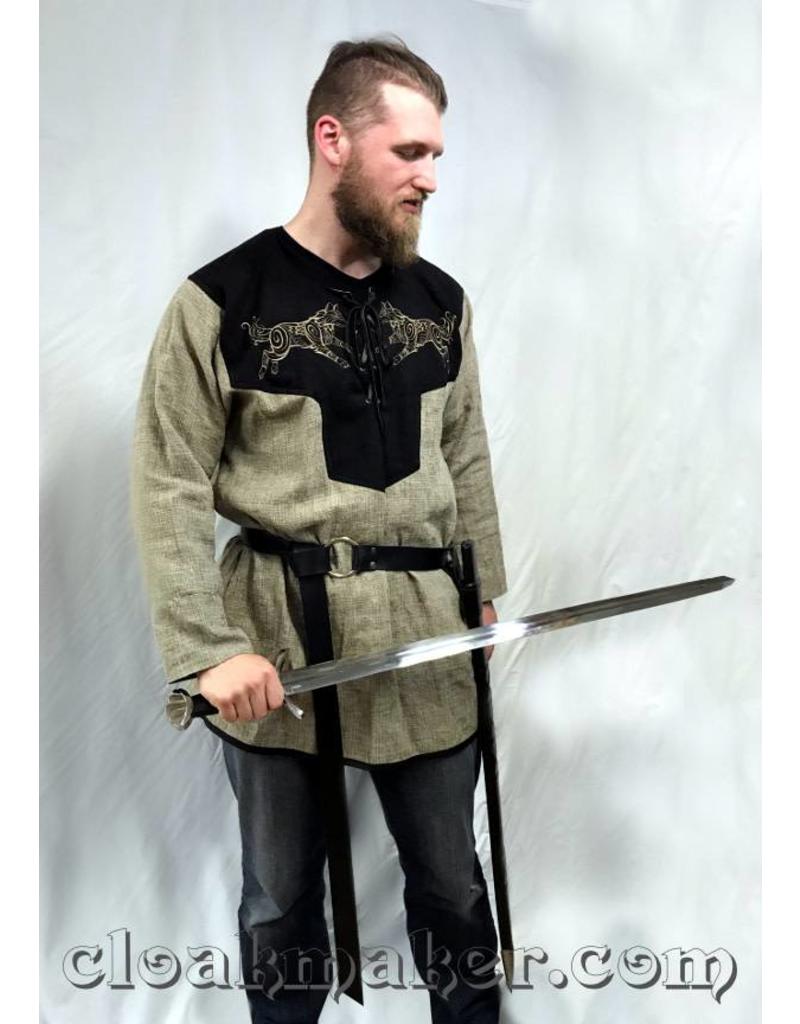 Cloakmakers.com J585 - Brown Linen Viking Tunic with Wolf Embroidery - XXXL