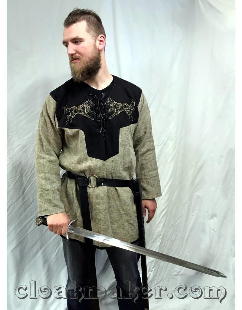 Cloakmakers.com J585 - Brown Linen Viking Tunic with Wolf Embroidery - XXXL