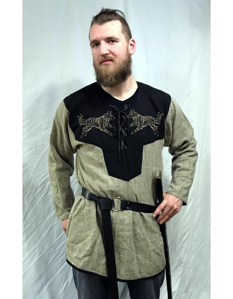 Cloakmakers.com J585 - Brown Linen Viking Tunic with Wolf Embroidery - XXXL
