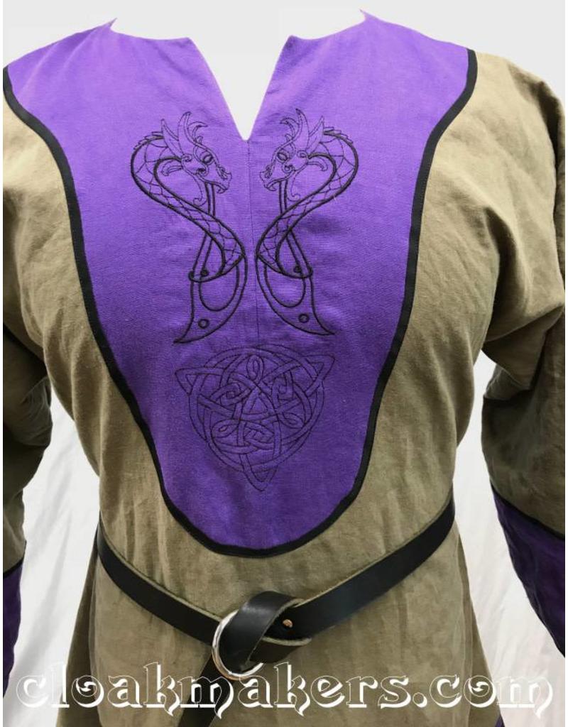 Cloak and Dagger Creations J101 - Grey Linen Viking Tunic with Serpentine Wyvern Embroidery and Purple Details - XXXL