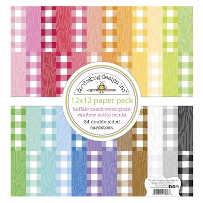 Doodlebug Petite Prints Double-Sided Cardstock 12X12 24/Pk-Buffalo Check-Wood Grain Rainbow Doodlebug Petite Prints Double-Sided Cardstock 12X12 24/Pk-Buffalo Check-Wood Grain Rainbow