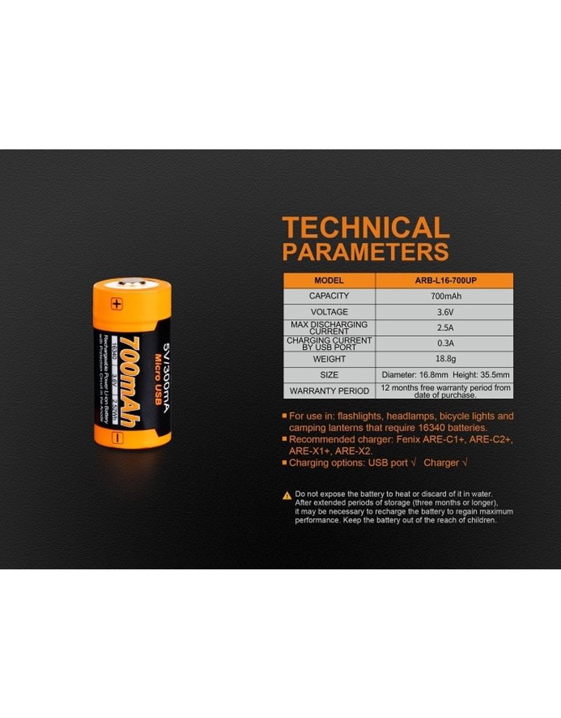 FENIX Rechargeable Battery Style CR123 16340 ARB-L16 700UP Fenix