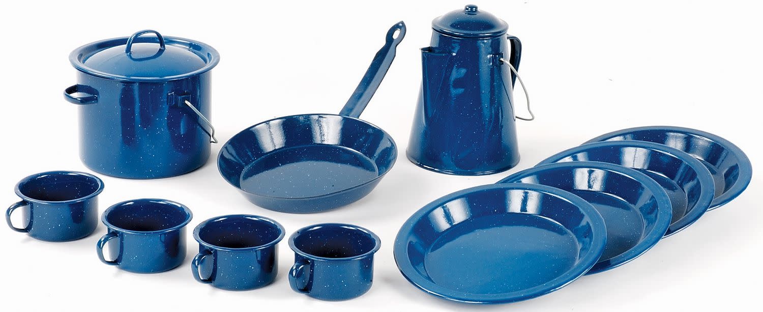 Camping Cookware Set 13 Piece Blue Enamel World Famous Army Supply 