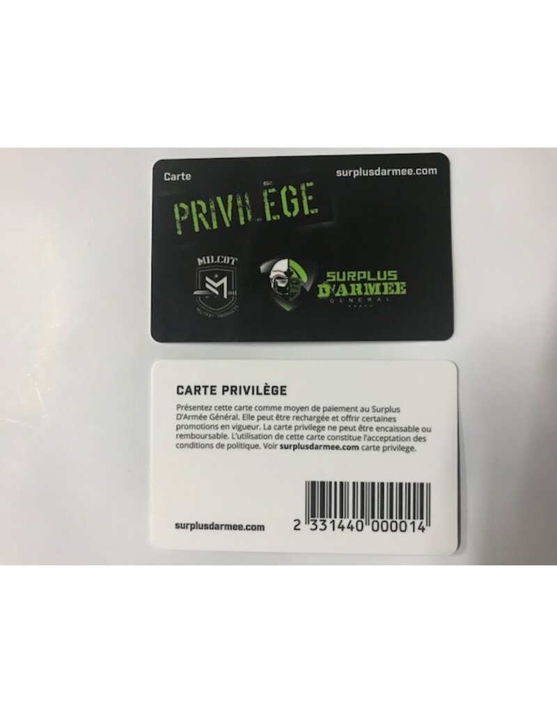 MILCOT MILITARY Privilege Gift Card Army Surplus General Military Quebec