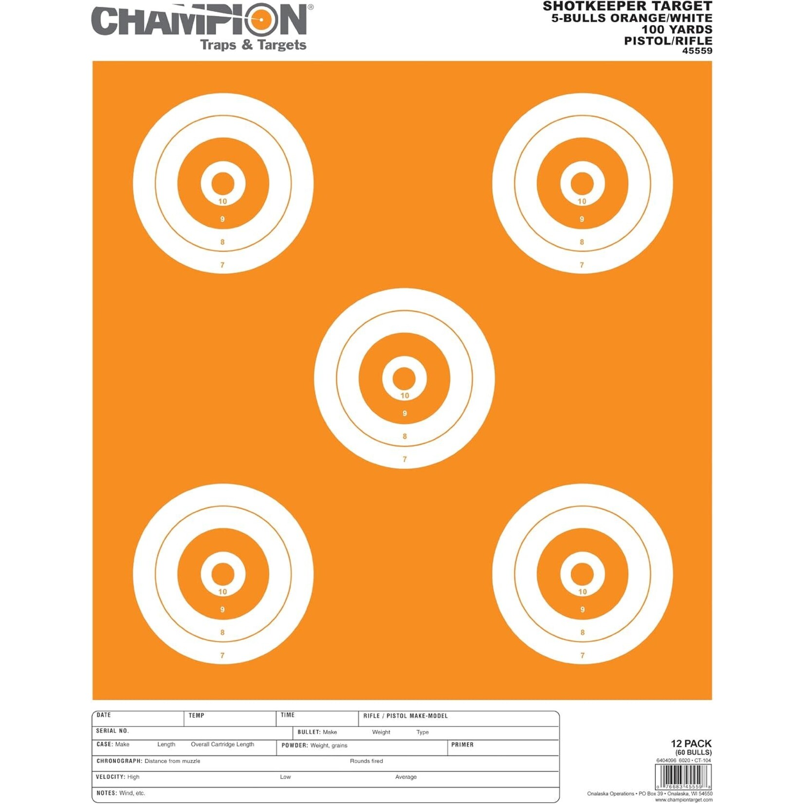 Champion Champion Shotkeeper 5 Bulls Orange Target 12pk. (455550