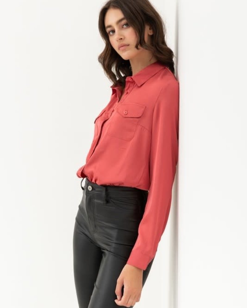 Love Tree Silky Button Down Top with Chest Flap Pockets