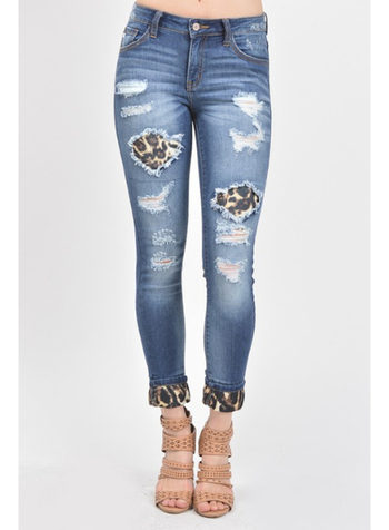 KanCan Mid Rise Leopard Patch Ankle Skinny