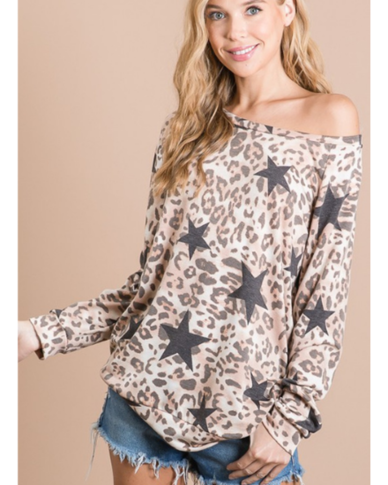 Bibi Round Neck Leopard/Star Print Long Sleeve Top