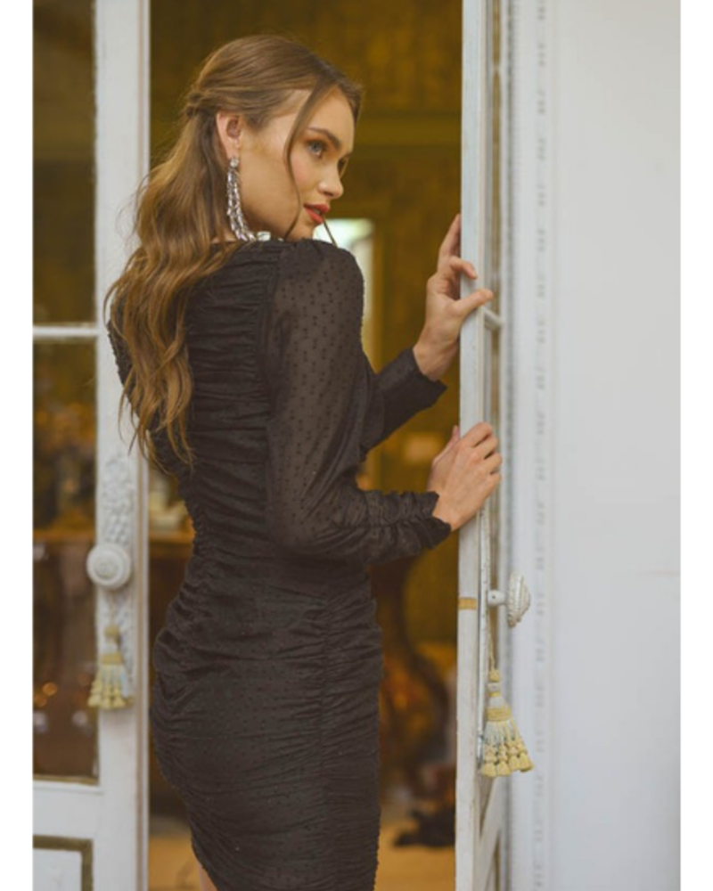 Lush V-Neck Textured Ruched Long Sleeve Dress