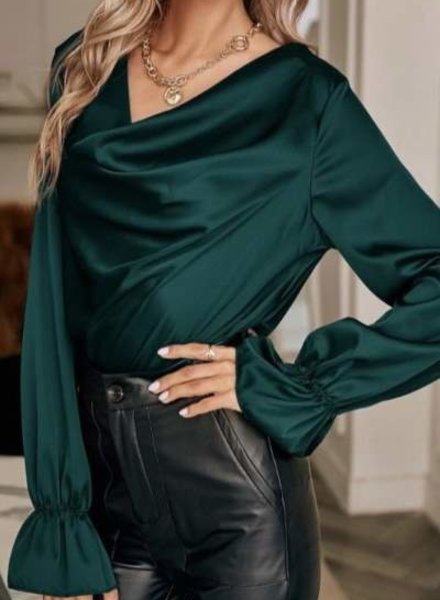Lala Factory Long Bell Cuff Sleeve Satin Cowl Neck Blouse