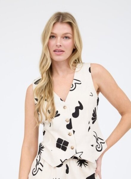 The Workshop Doodle Print Button Front Linen Vest