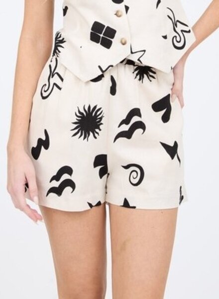 The Workshop Doodle Print High Elastic Waist Linen Shorts