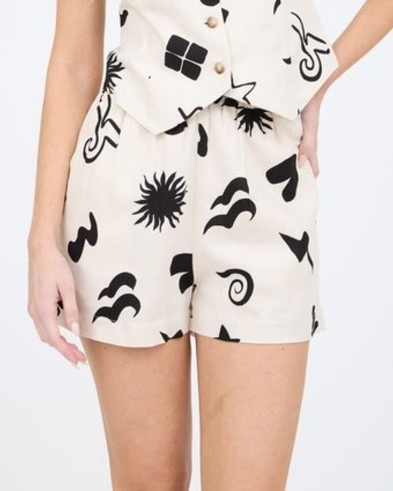 The Workshop Doodle Print High Elastic Waist Linen Shorts