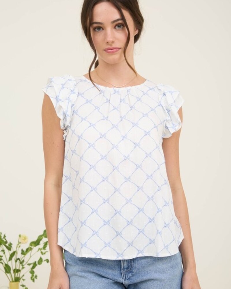 Mine Bow Clip Dot Pattern Ruffle Sleeve Blouse