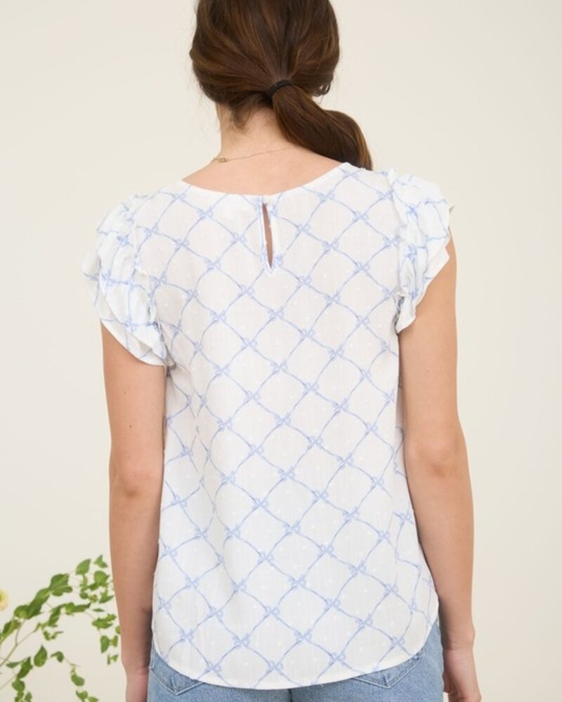 Mine Bow Clip Dot Pattern Ruffle Sleeve Blouse