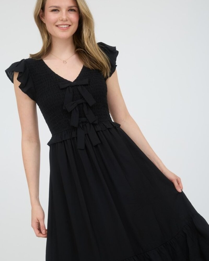 Blu Pepper Bow Detail V-Neck Smocked Ruffled Midi Dress