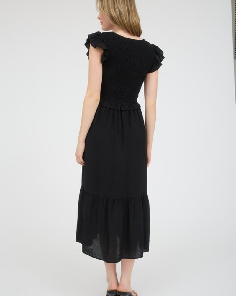 Blu Pepper Bow Detail V-Neck Smocked Ruffled Midi Dress
