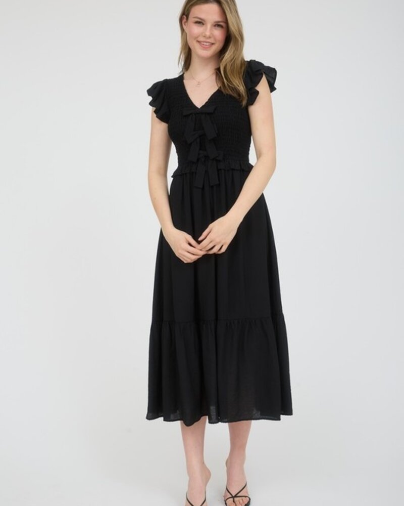 Blu Pepper Bow Detail V-Neck Smocked Ruffled Midi Dress