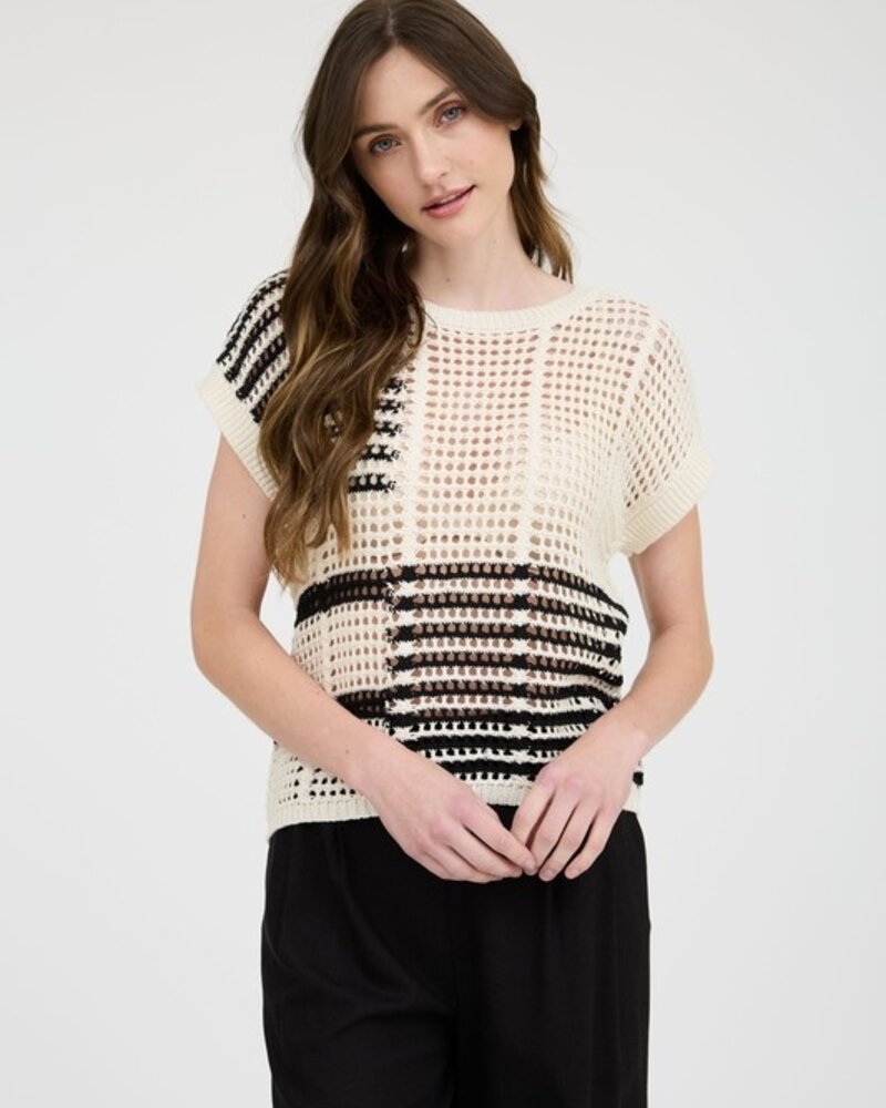 Blu Pepper Multi Stripe Short Sleeve Sheer Chochet Knit