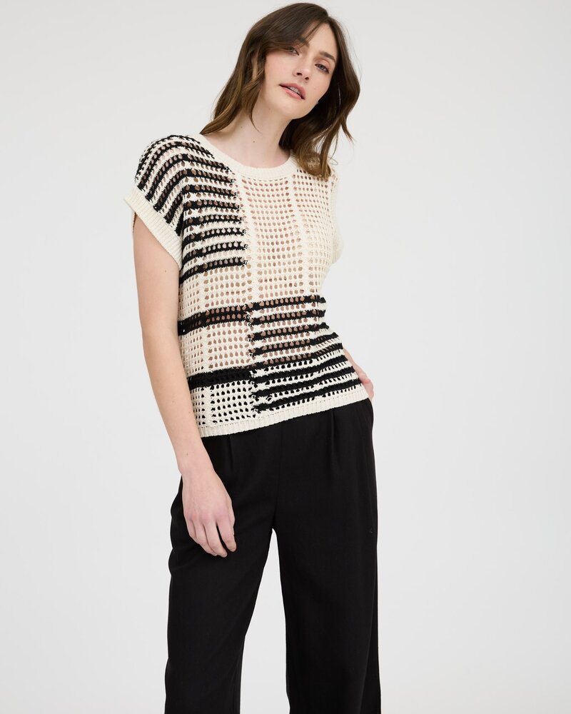 Blu Pepper Multi Stripe Short Sleeve Sheer Chochet Knit