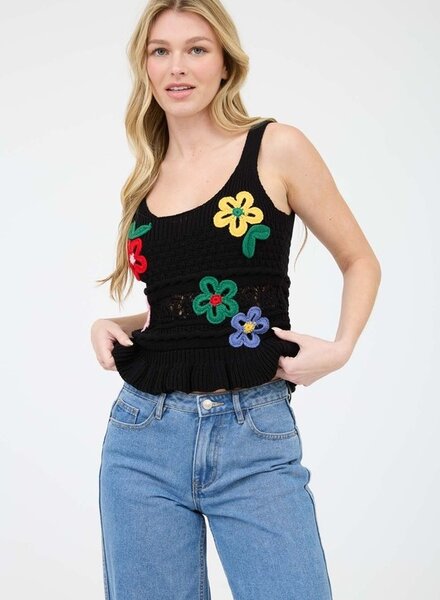 Blu Pepper Embroidered Floral Scoop Neck Ruffle Knit