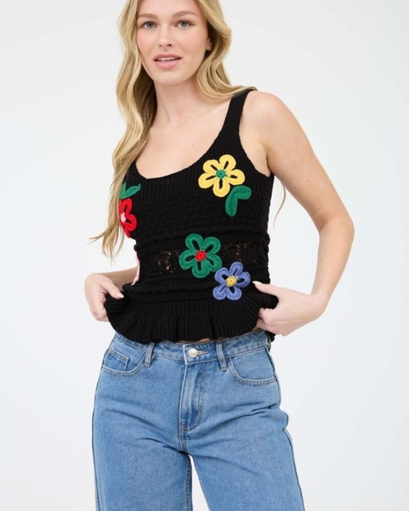 Blu Pepper Embroidered Floral Scoop Neck Ruffle Knit