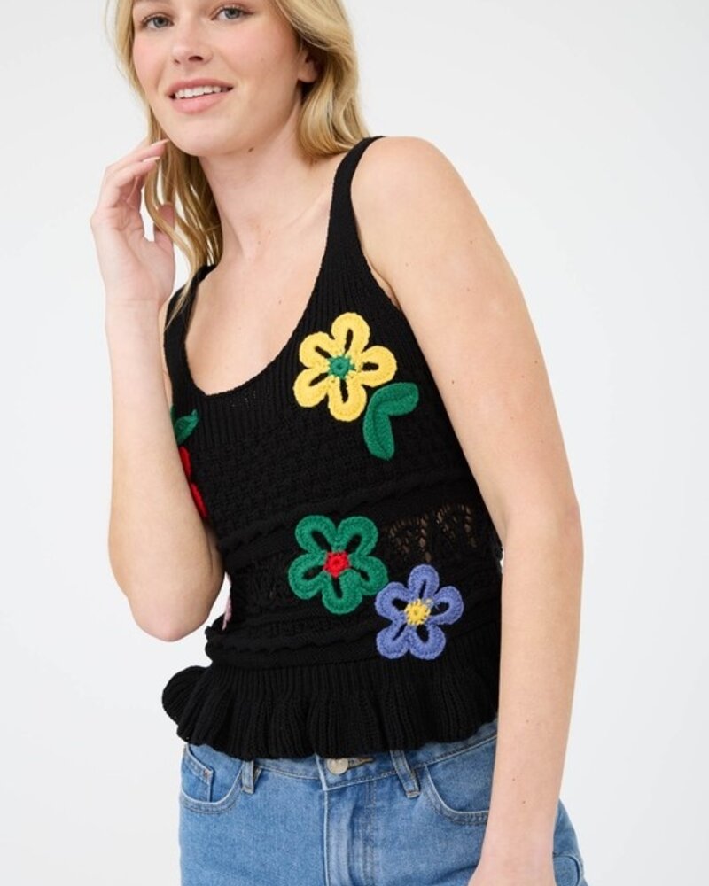 Blu Pepper Embroidered Floral Scoop Neck Ruffle Knit
