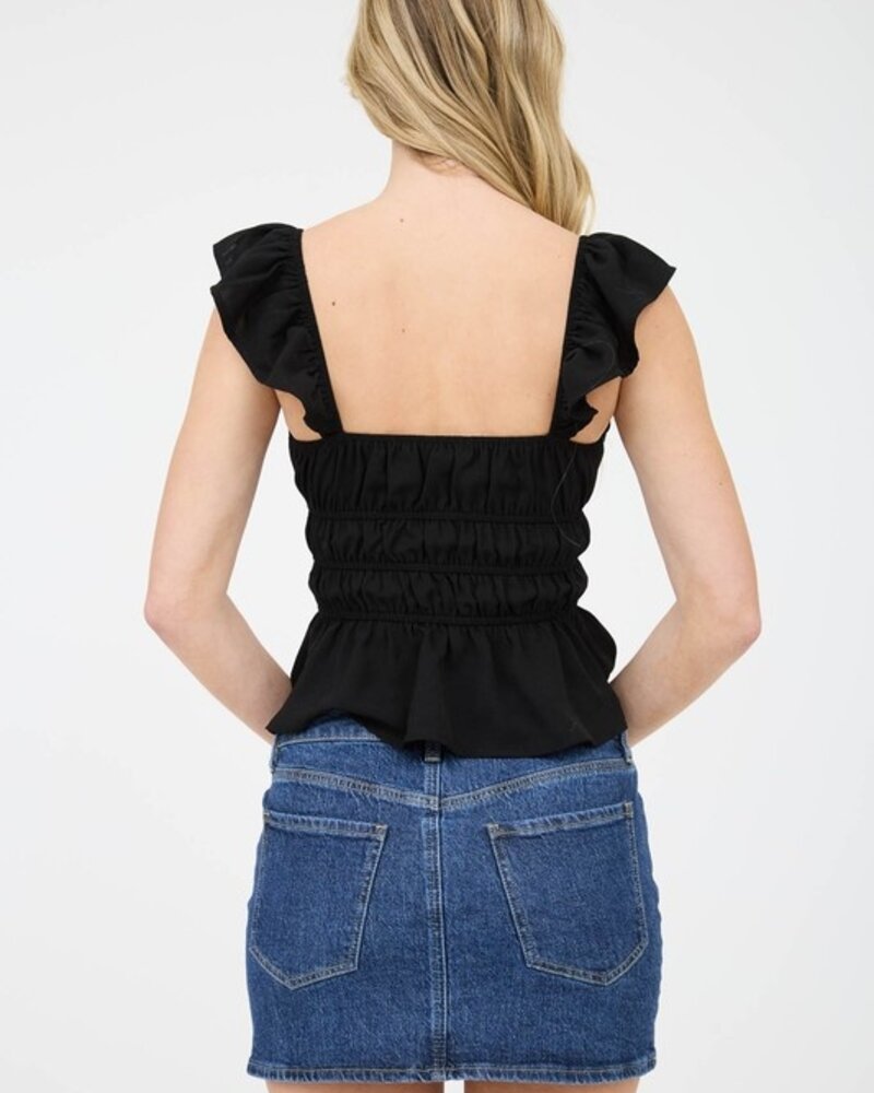 Mine Ruffle Trim Front Tie Shhirred Waist Blouse