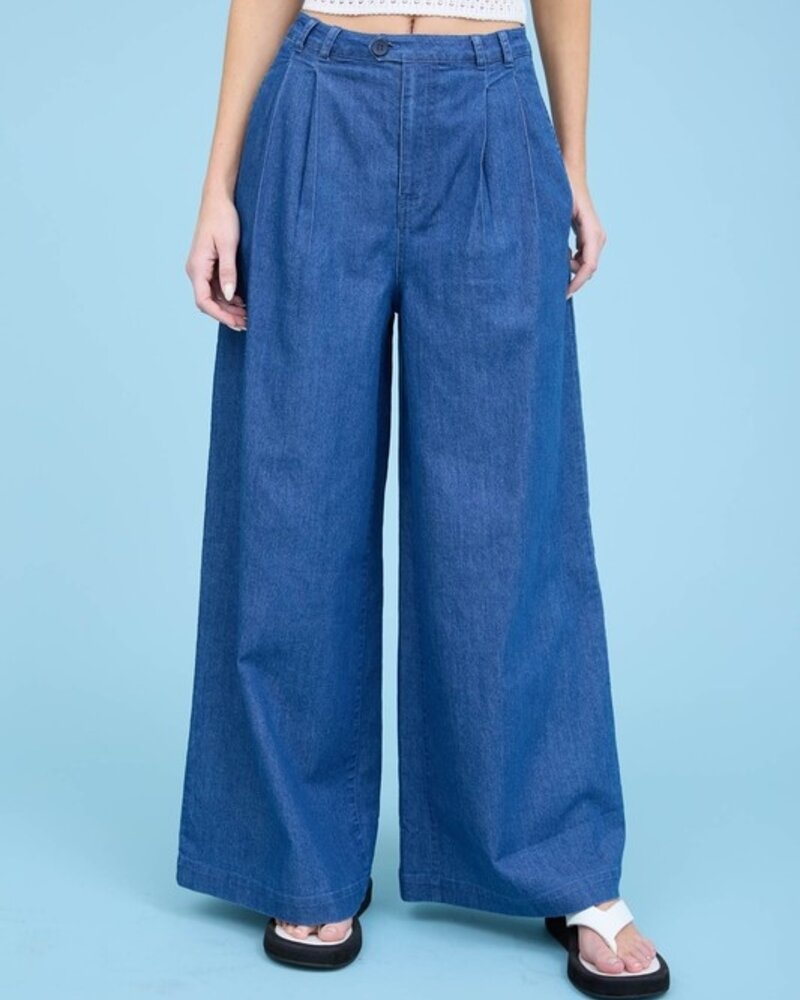 Blu Pepper Pleated Wide Leg Chambray Pants