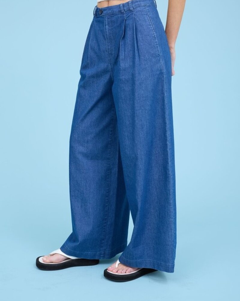 Blu Pepper Pleated Wide Leg Chambray Pants