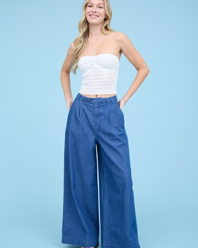 Blu Pepper Pleated Wide Leg Chambray Pants