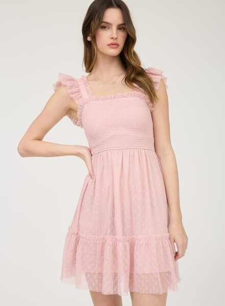 Mine Polka Dot Chiffon Smocked Ruffle Mini Dress