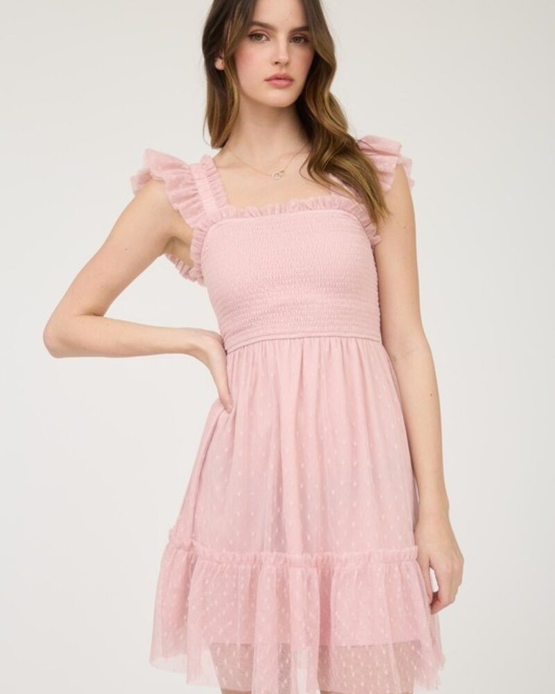 Mine Polka Dot Chiffon Smocked Ruffle Mini Dress