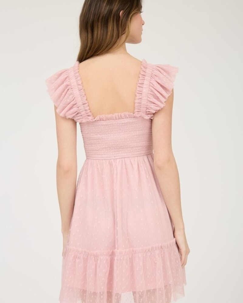 Mine Polka Dot Chiffon Smocked Ruffle Mini Dress