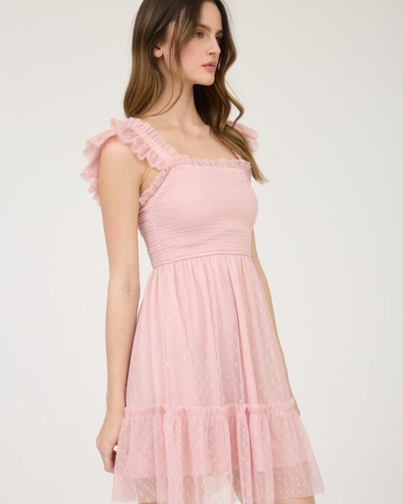 Mine Polka Dot Chiffon Smocked Ruffle Mini Dress