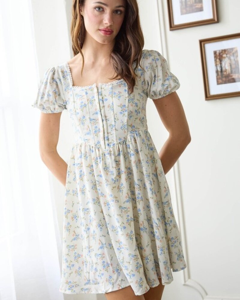 Mine Floral Lace Trim Front Hook&Eye Mini Dress