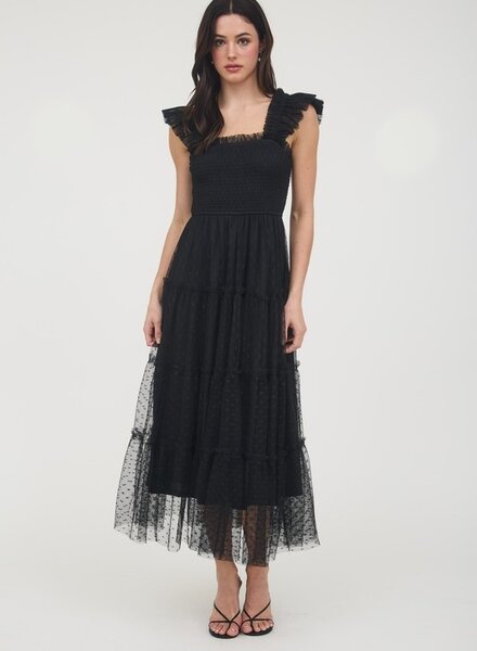 Blu Pepper Polka Dot Chiffon Smocked Tiered Midi Dress