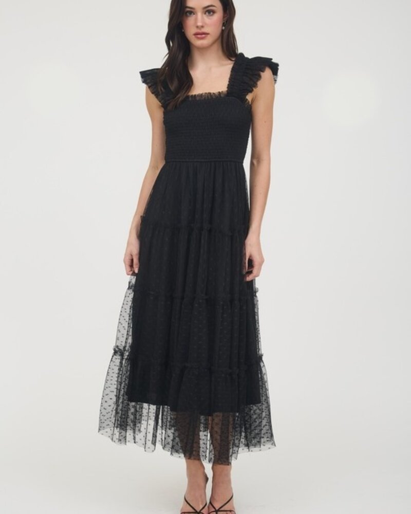 Blu Pepper Polka Dot Chiffon Smocked Tiered Midi Dress