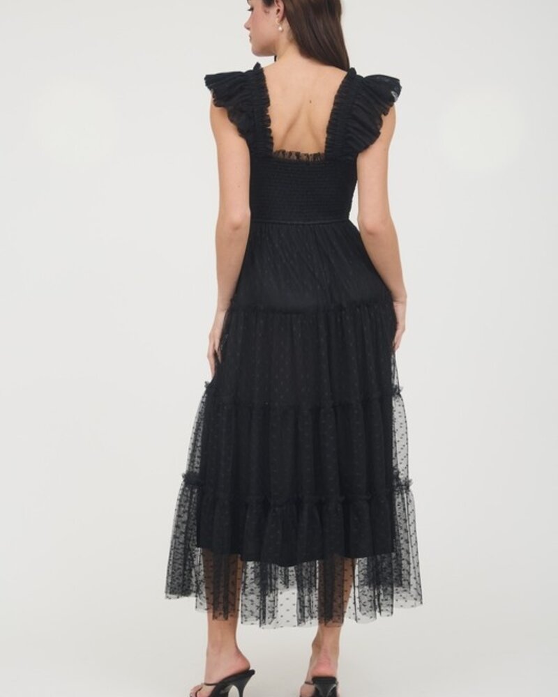 Blu Pepper Polka Dot Chiffon Smocked Tiered Midi Dress