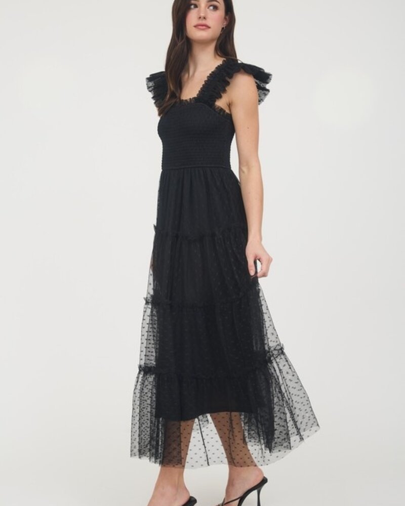 Blu Pepper Polka Dot Chiffon Smocked Tiered Midi Dress