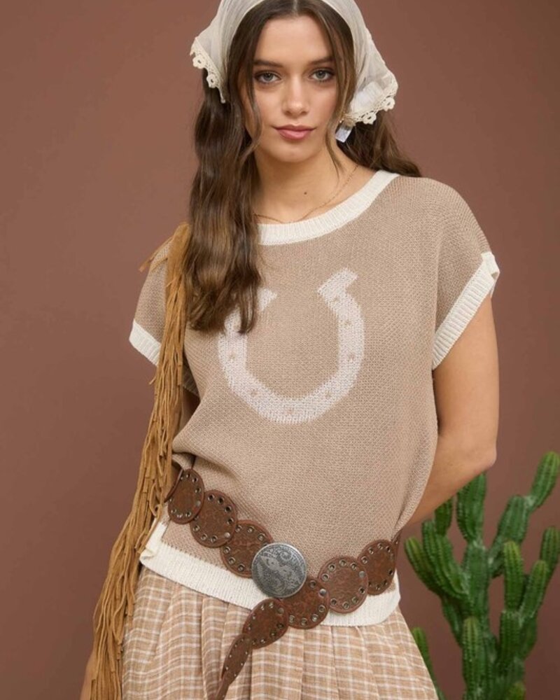 Blu Pepper Brown Horseshoe Sweater W/White Border