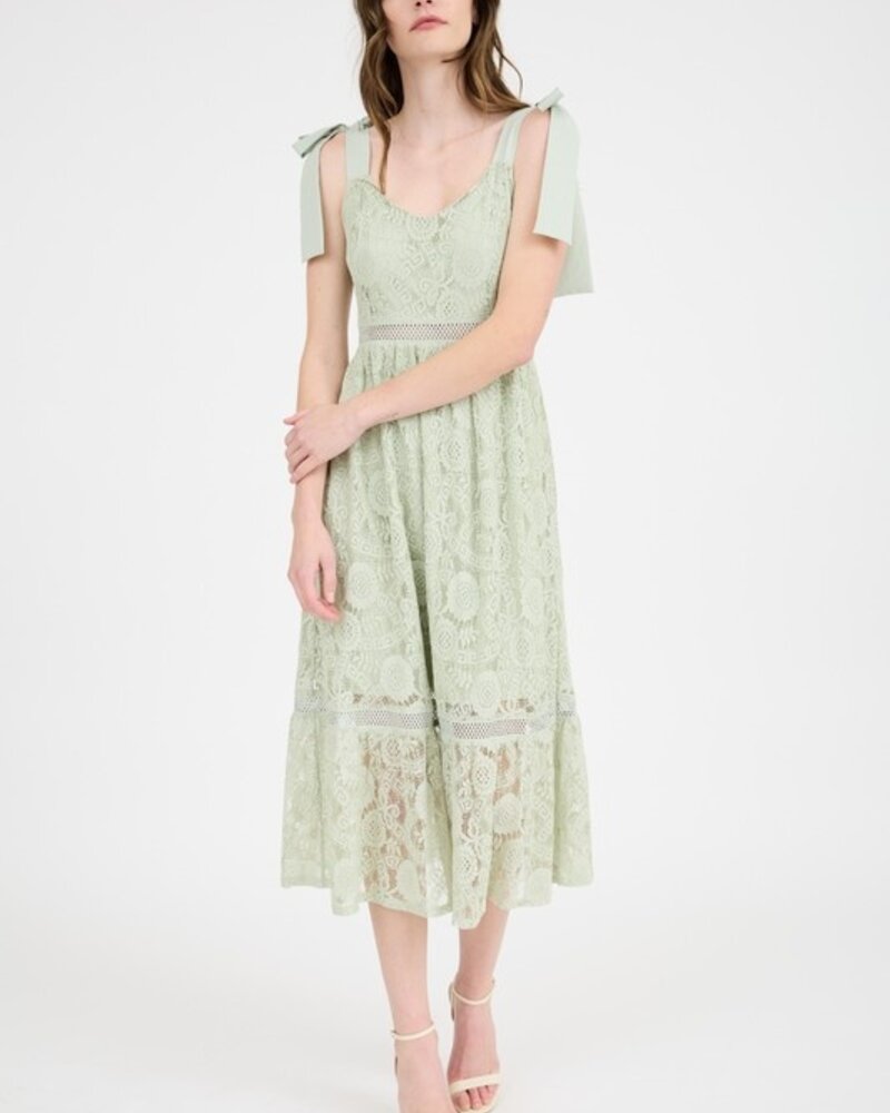 Blu Pepper Lace Tie Strap Sheer Trim Sleeveless Midi Dress