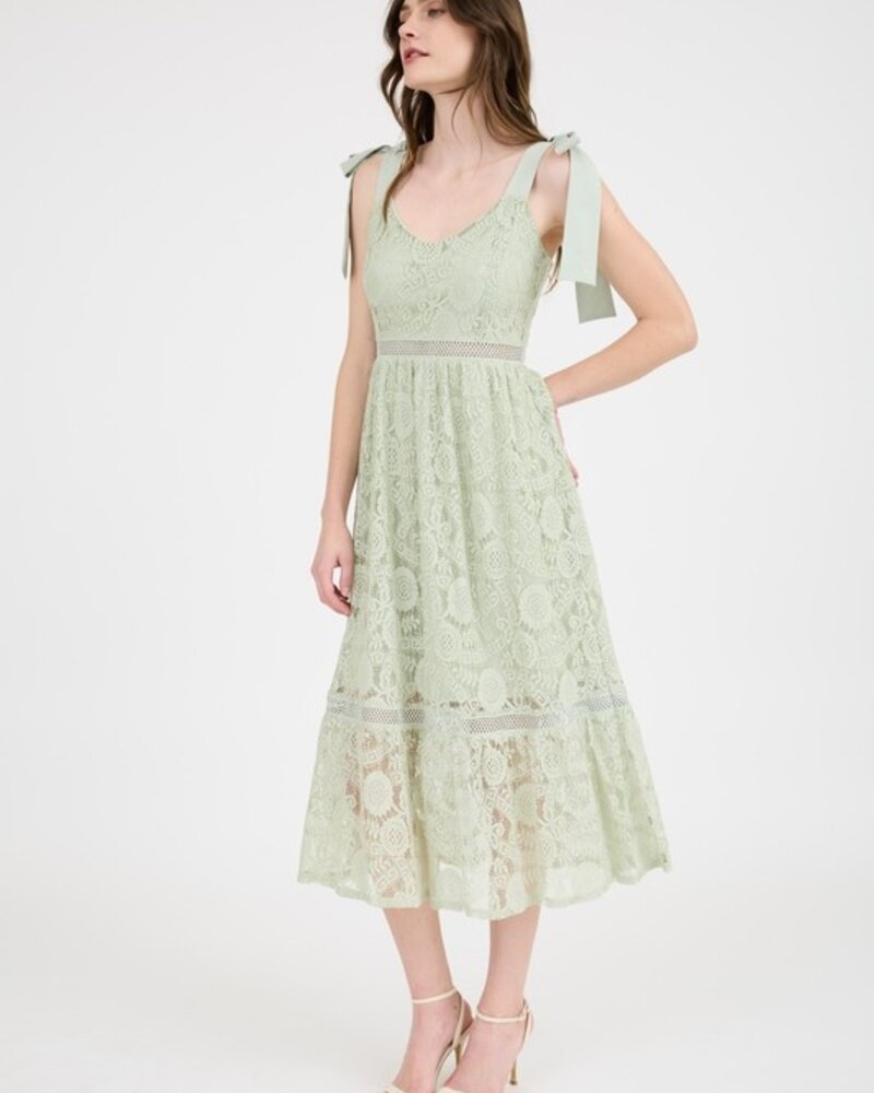 Blu Pepper Lace Tie Strap Sheer Trim Sleeveless Midi Dress